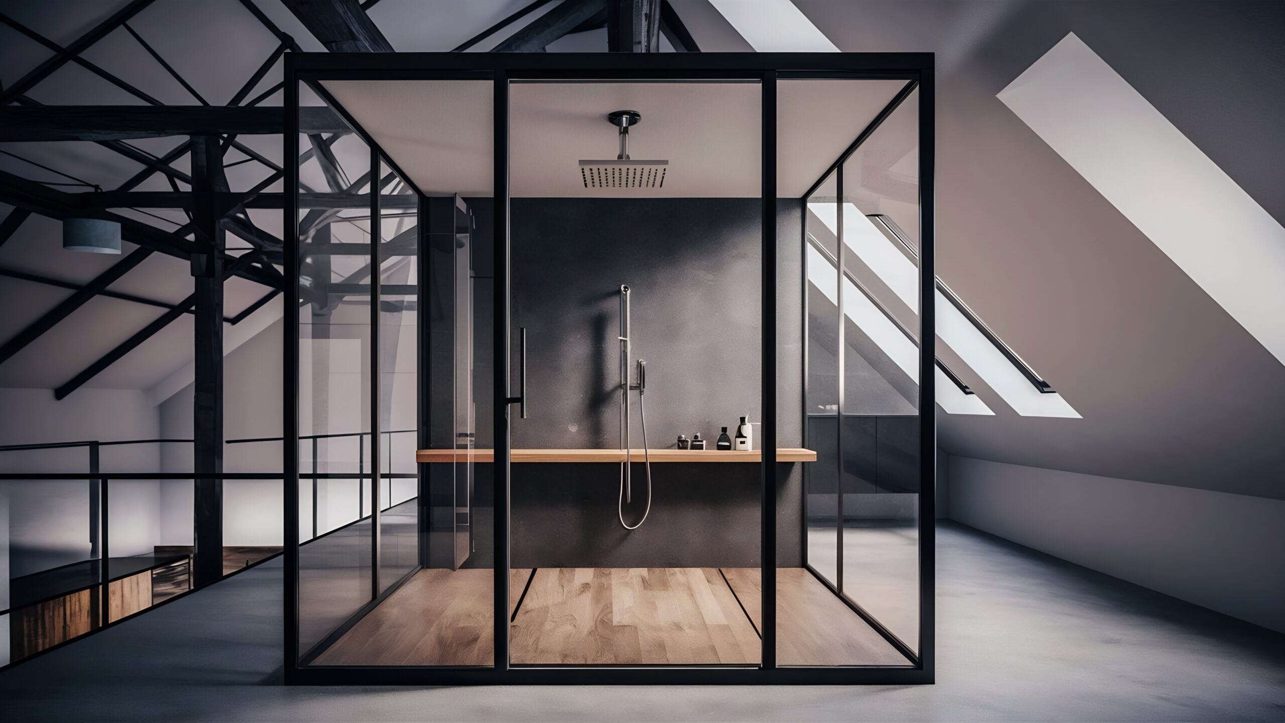 3d Illustration Modern Glass Shower Room Loft Style Scaled