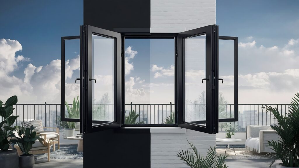 3d illustration open black modern plastic window loft room